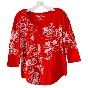 Lucky Brand Top Womens Size M Red Floral Dotted Print 3/4 Sleeve Scoop Neck